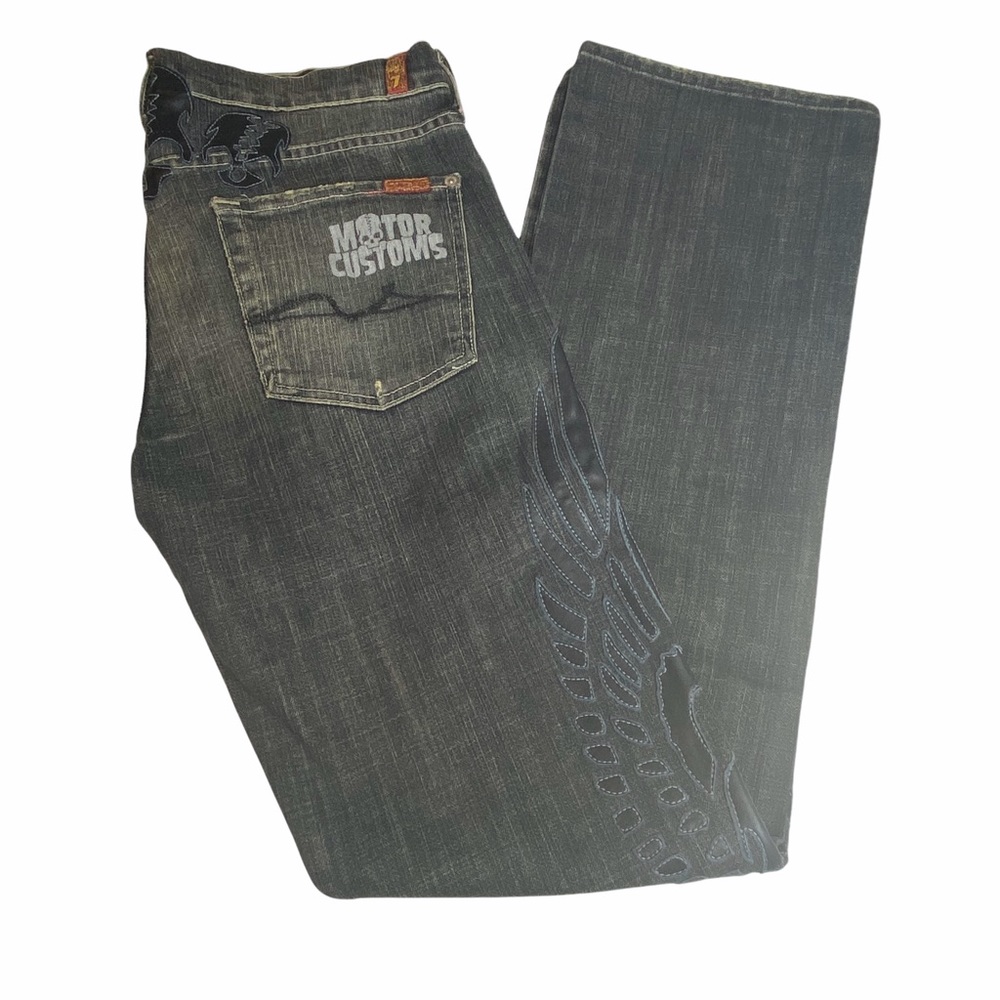 HTF: 7 For All Mankind® x Great China Wall ☻︎ Leather Skull Patch Standard Jeans - Picture 6 of 16